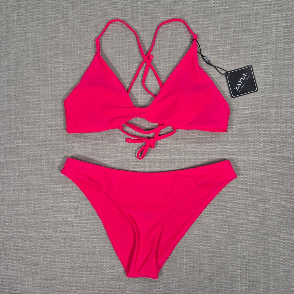 Zaful Women Coral Red Strappy Lace Up Front Knot Triangle Bikini Set Size M New
